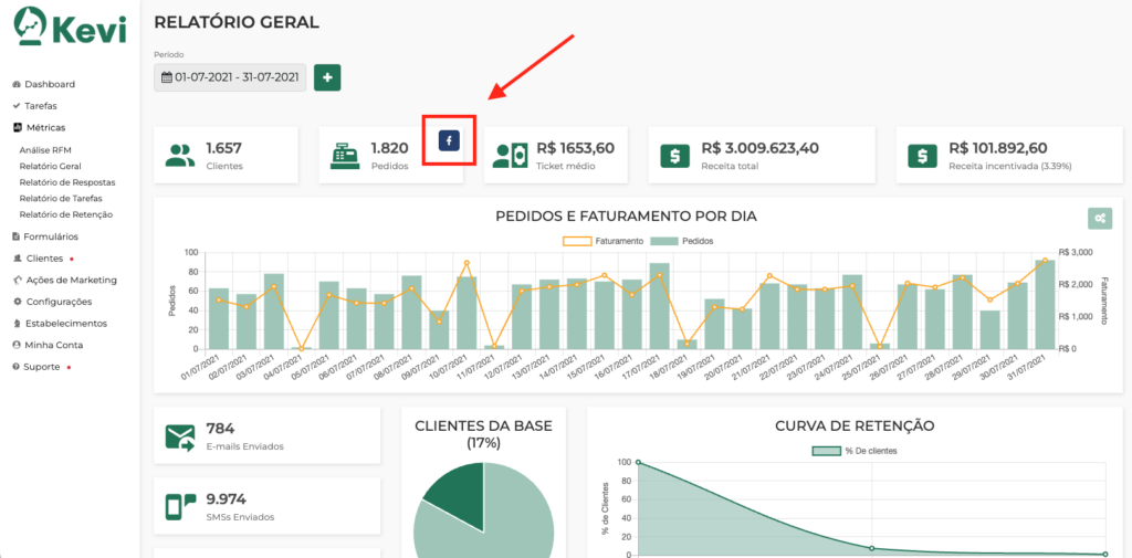 Print da Tela do Sistema da Kevi - Retenção de Clientes com o Link para Baixar a Planilha de Eventos Offline do Google